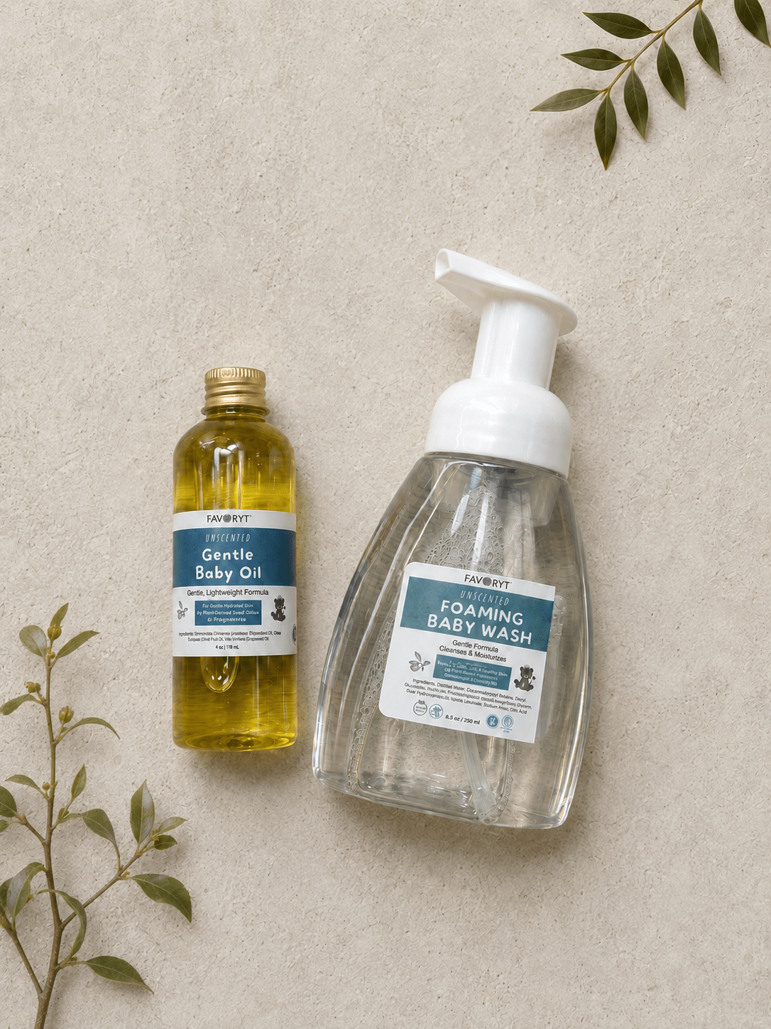 Gentle Baby Bath + Moisture Duo | Unscented Foaming Wash & Baby Oil - FAVORYT BRAND