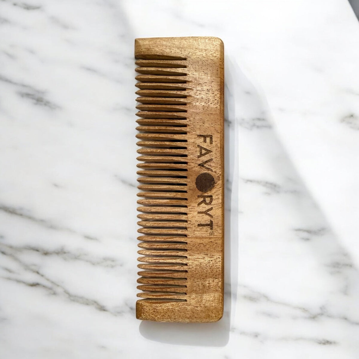 Handmade Neem Wood Combs – Natural Anti-Static, Scalp-Healthy Hair Combs from India (Pocket, Wide-Tooth, Shampoo & More) - FAVORYT BRAND