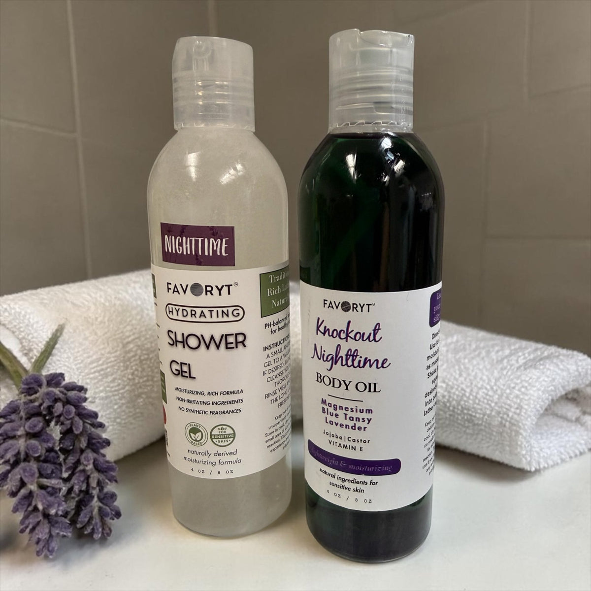 Knockout Nighttime Body Oil + Shower Gel Duo – Calming Lavender & Blue Tansy with Magnesium | Sensitive-Skin Safe Hydrating - FAVORYT BRAND